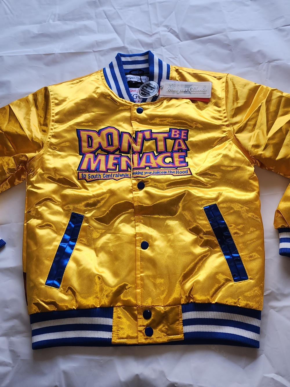 Nostalgia Gold Satin Kids' Bomber Jacket with Blue Trim